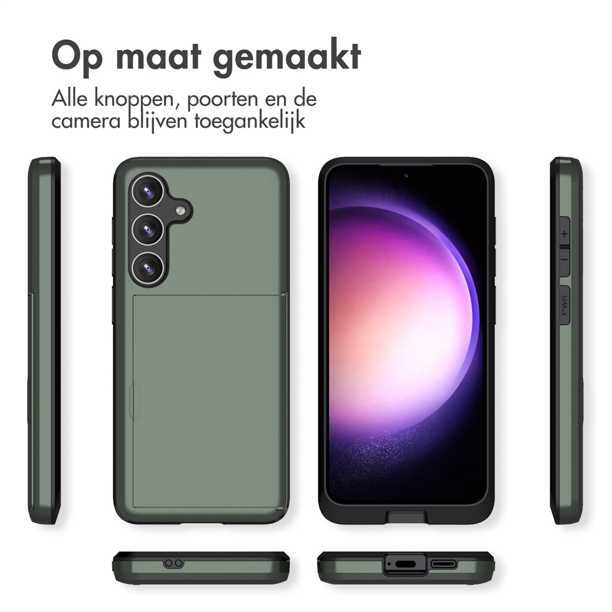 Groene telefoonhoes met telefoononderdelen. Hoesje heeft een kaartsleuf en knop, en de telefoon heeft een scherm.