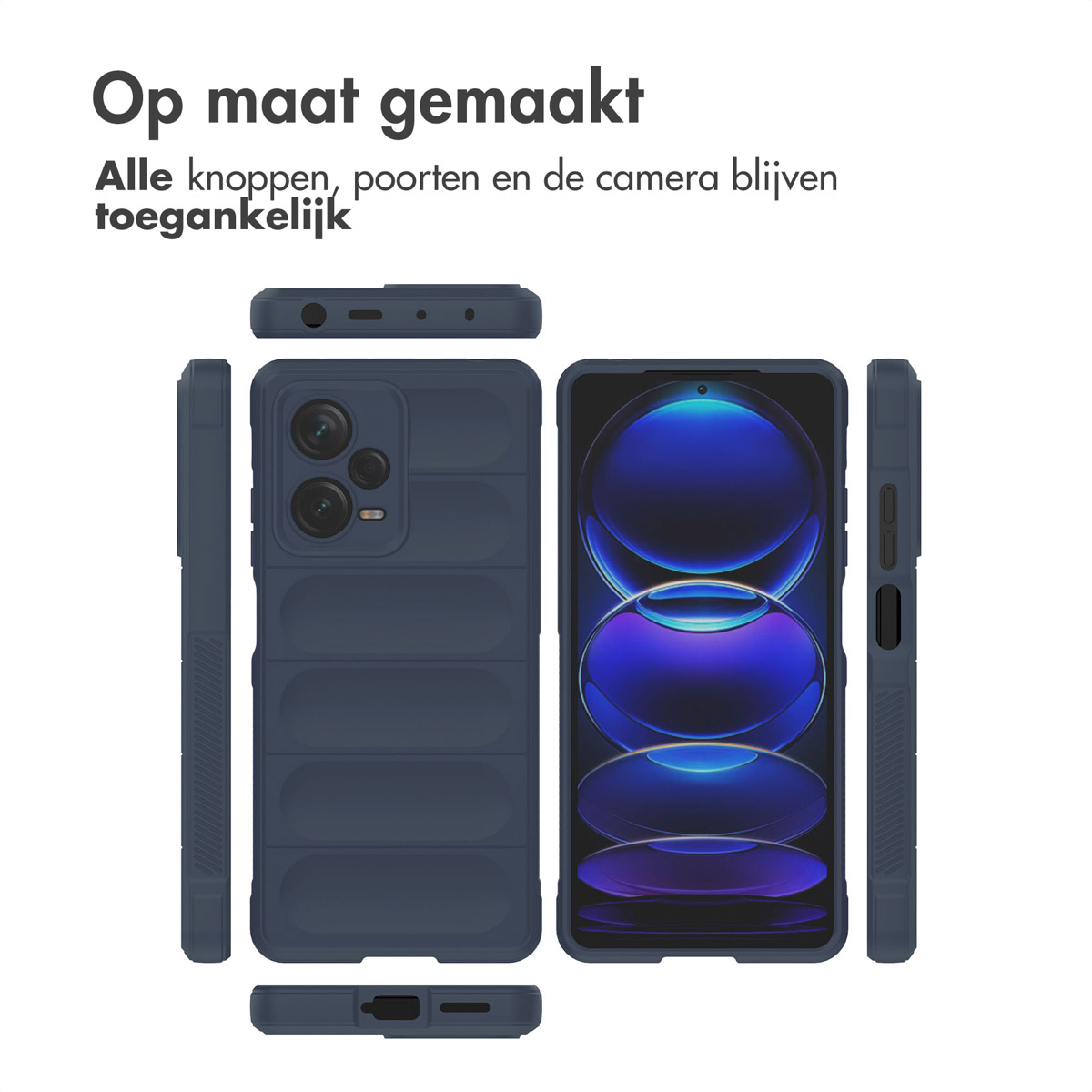 Coque de téléphone bleu foncé. Plusieurs vues, montrant les boutons et la caméra. Fond blanc.