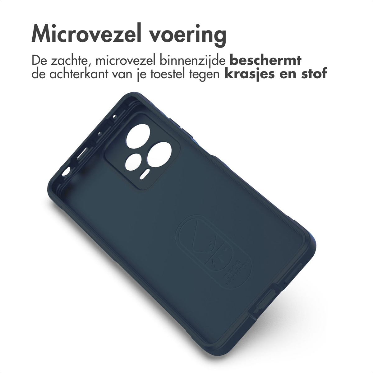 Coque de téléphone bleu foncé. Intérieur noir. Texte au dos. Fond blanc.