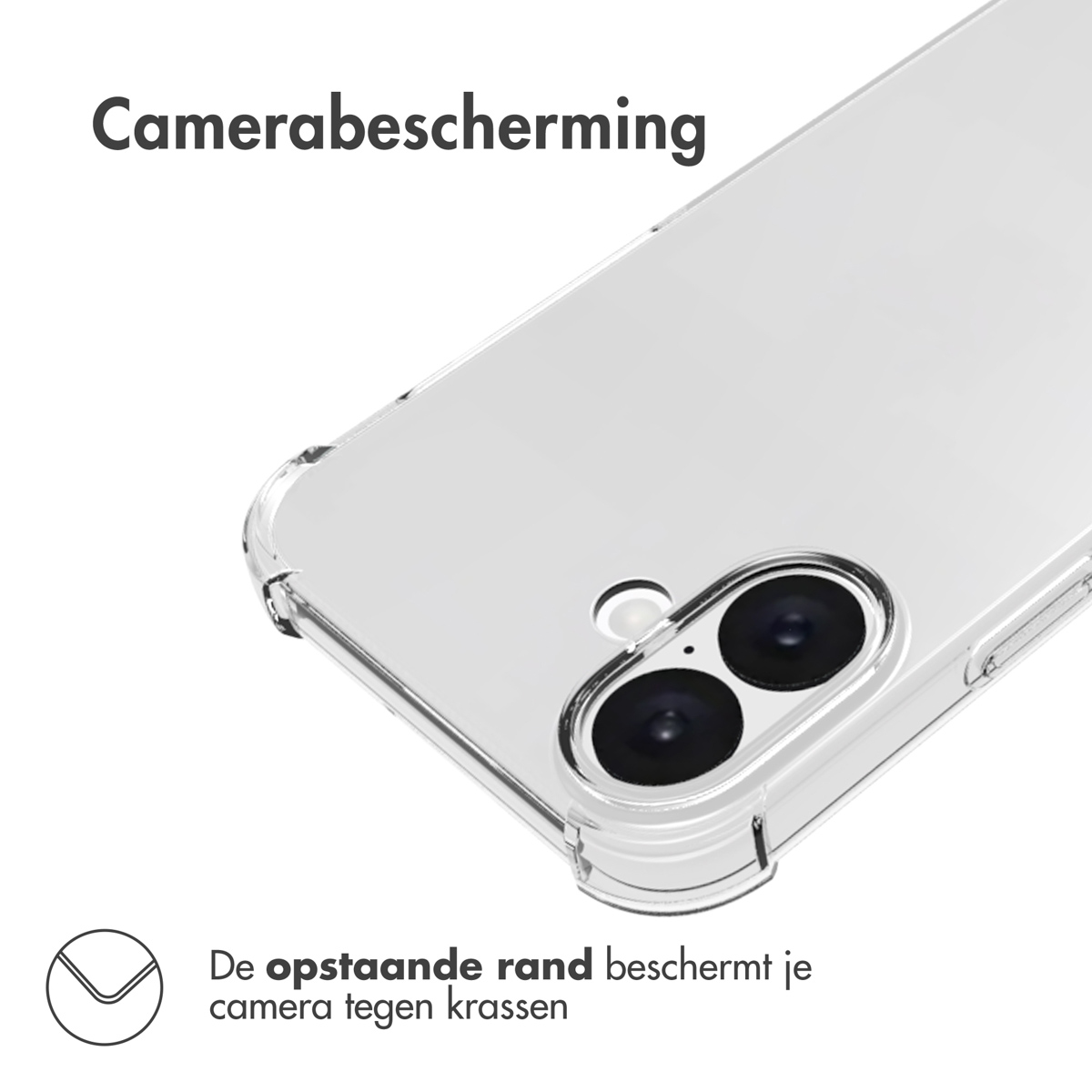 Custodia trasparente per telefono che protegge un telefono. Mostra la protezione della fotocamera, con una curva in basso.