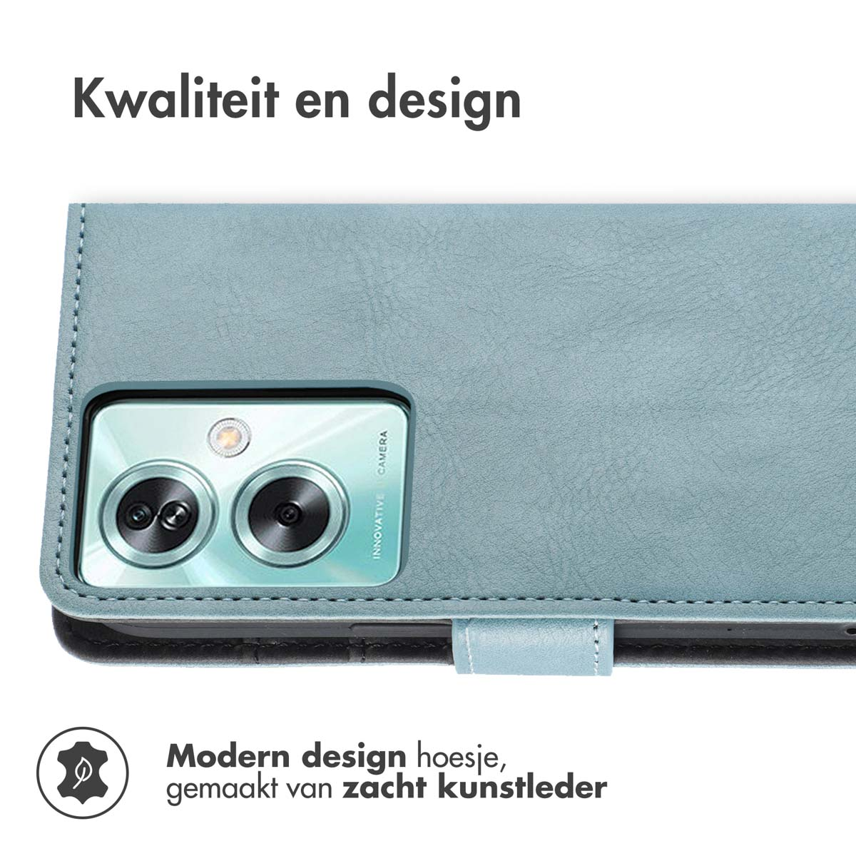 Un étui de téléphone bleu clair en similicuir souple. L'étui comporte une découpe pour l'appareil photo.