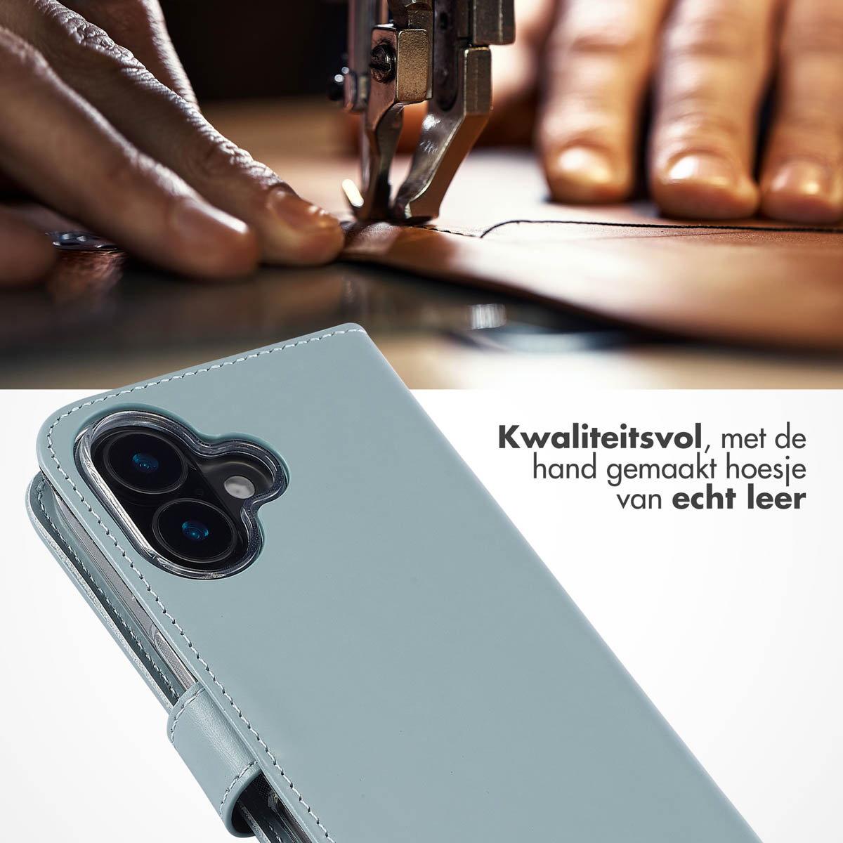 Een hand die een lichtblauwe leren telefoonhoes naait. De hoes heeft uitsparingen voor camera en knoppen.