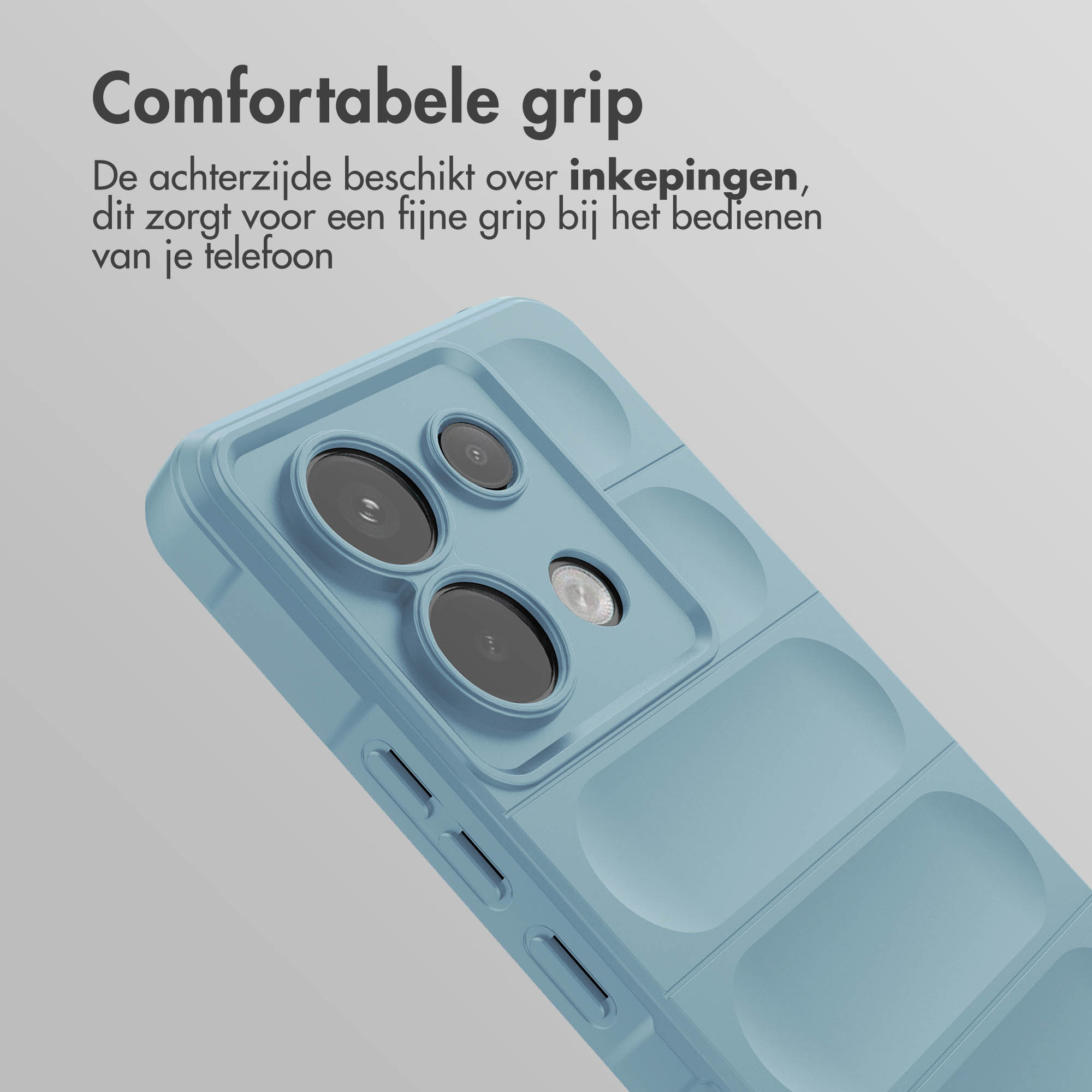 Blauwe telefoonhoes met een gewatteerd design. De hoes ligt op een grijze ondergrond, onder een hoek en close-up.