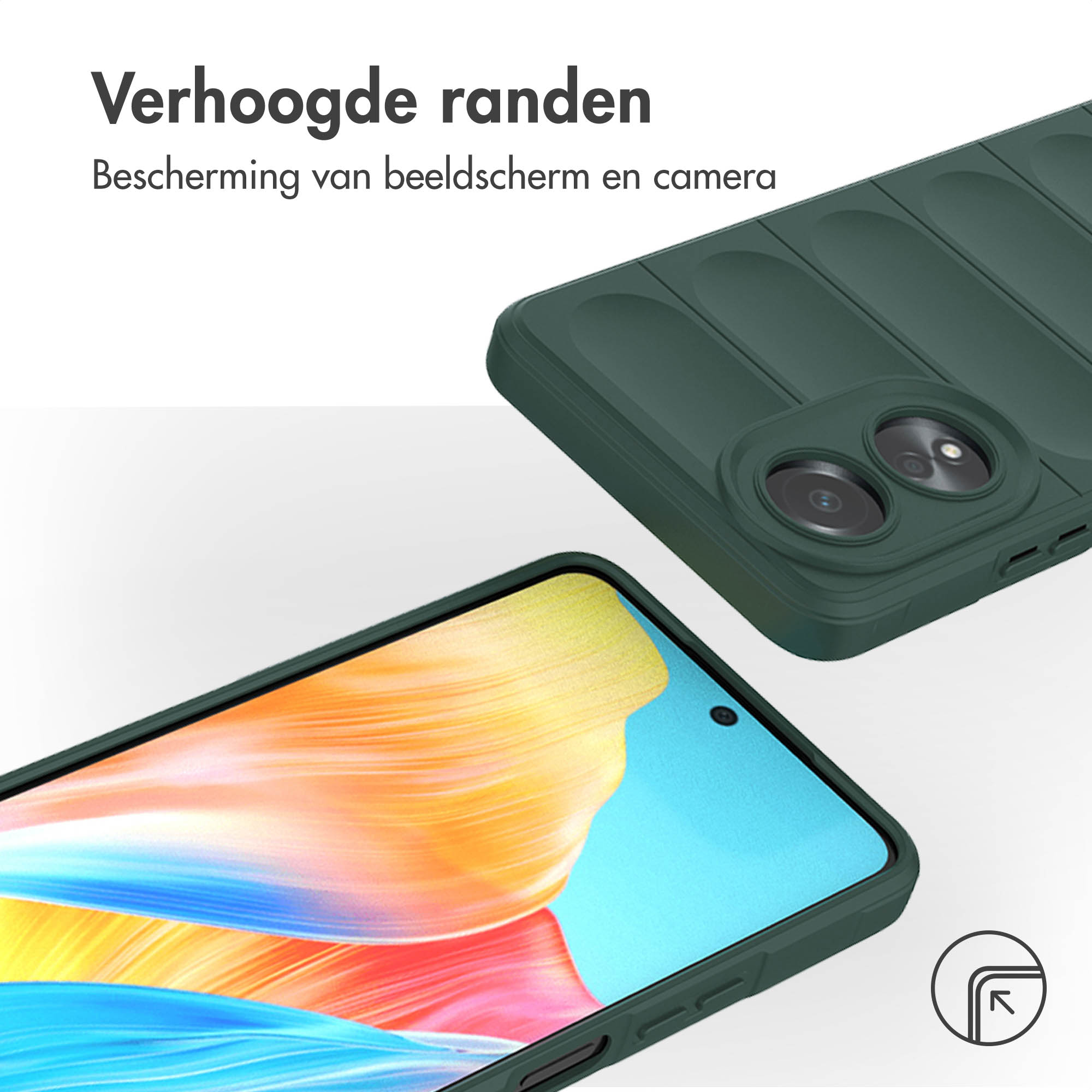 Groene telefoonhoes op telefoon. De hoes zit om de telefoon heen. Witte achtergrond.