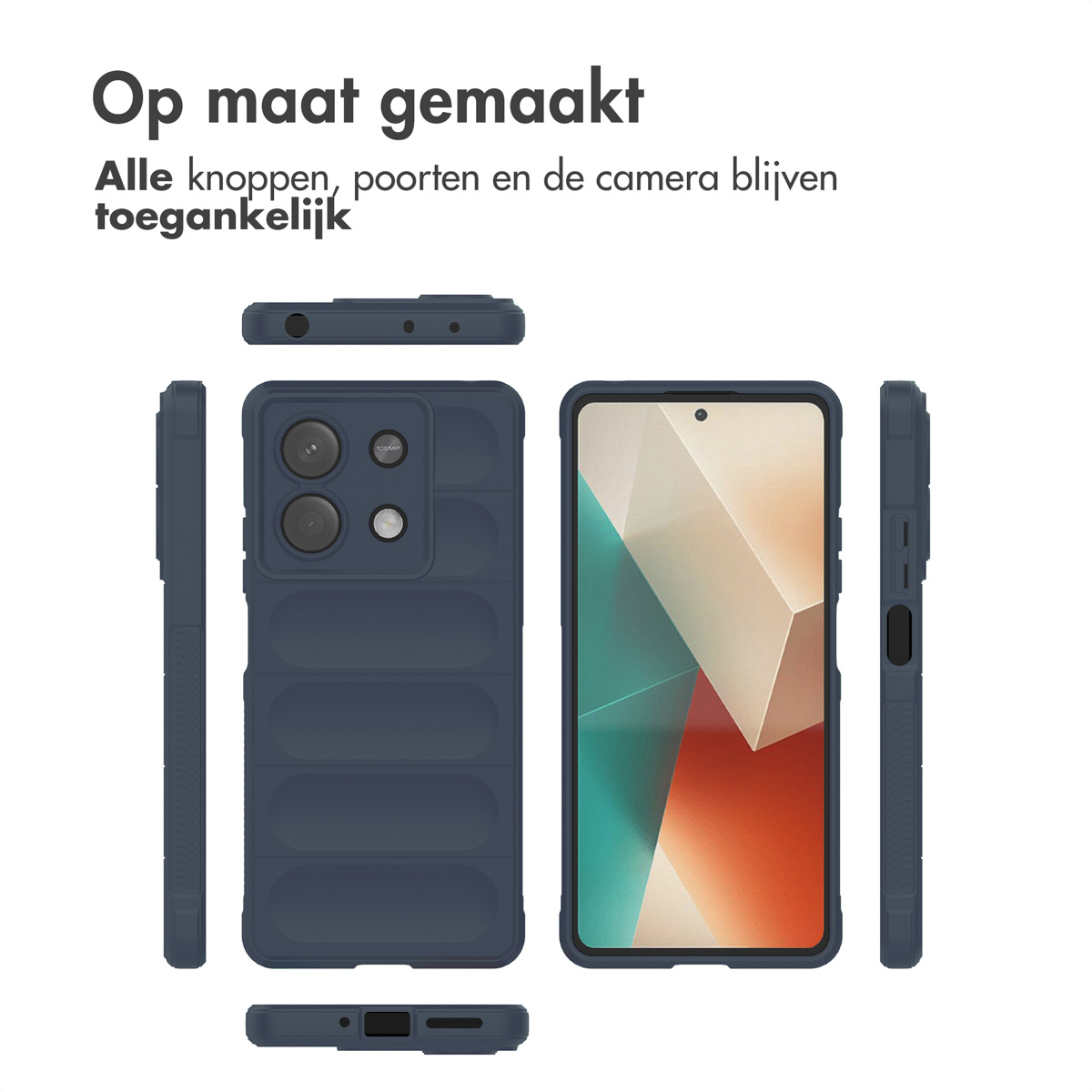 Marineblauwe telefoonhoes met telefoon, meerdere weergaven, witte achtergrond.