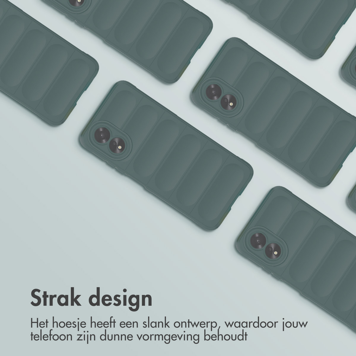 Plusieurs coques de téléphone vertes disposées sur un fond clair, présentant un design épuré.