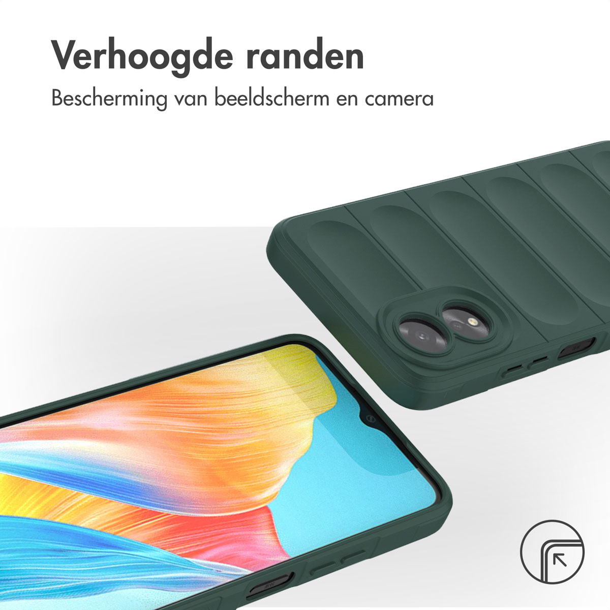 Un étui de téléphone vert avec des bords surélevés, protégeant l'écran et l'appareil photo du téléphone.