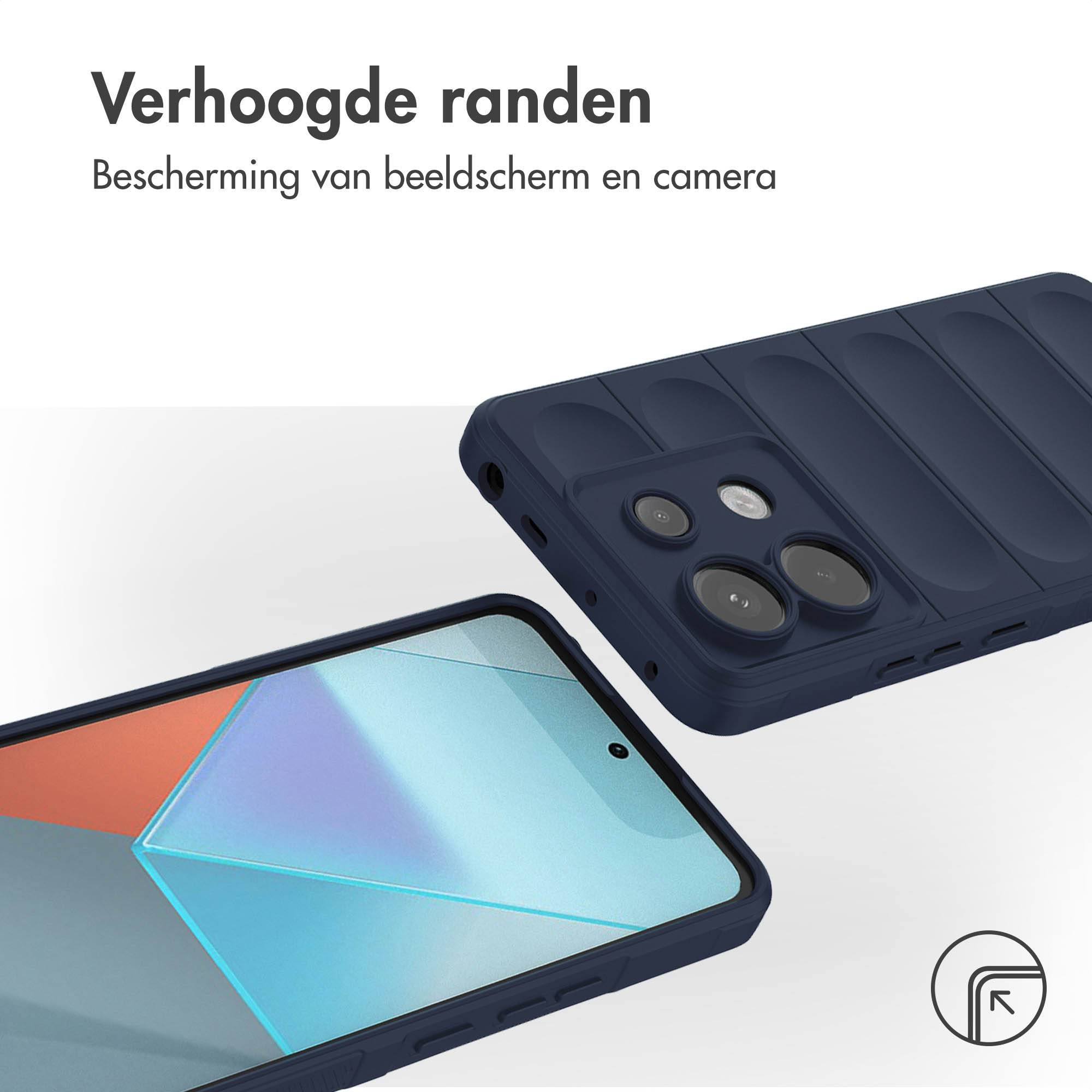 Donkerblauwe telefoonhoes, met een telefoon met camerabult en een scherm.