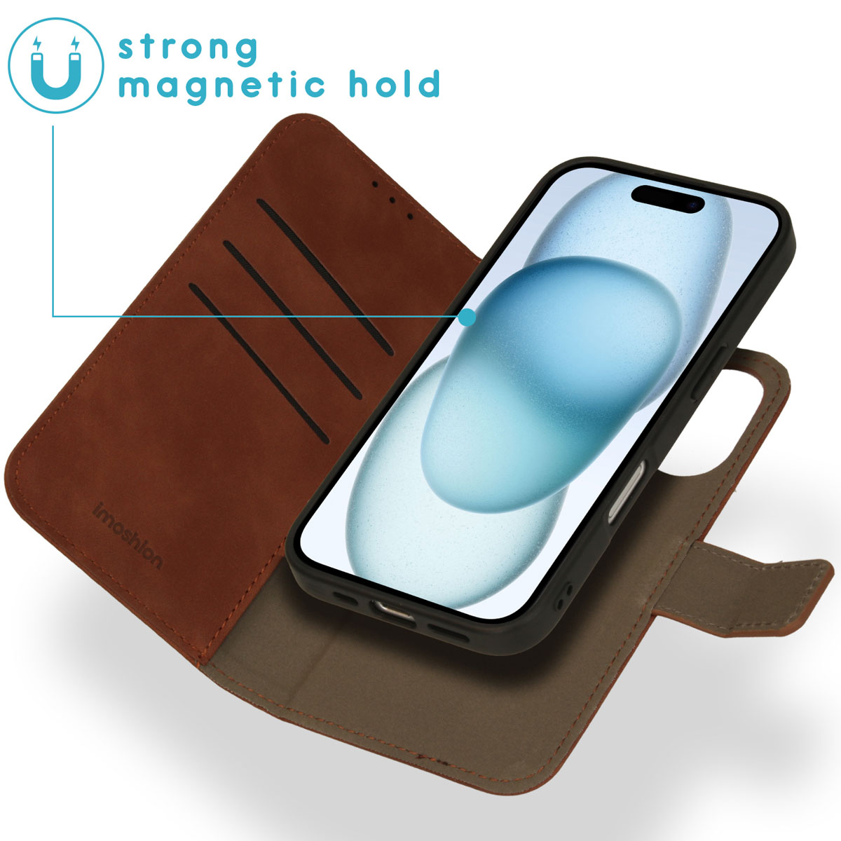 IMOSHION Abnehmbare luxuriöse Klapphülle 2-in-1, Bookcover, Apple, iPhone 16, Braun