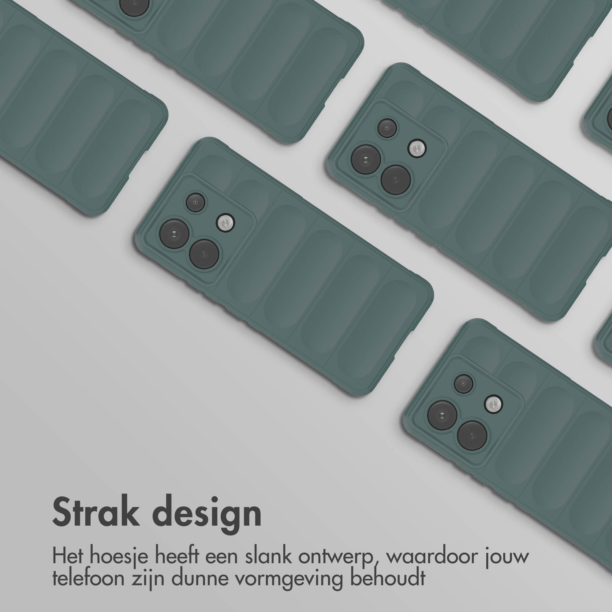Groene telefoonhoesjes met geribbeld ontwerp zijn gerangschikt op een grijze ondergrond. De hoesjes hebben een camera.
