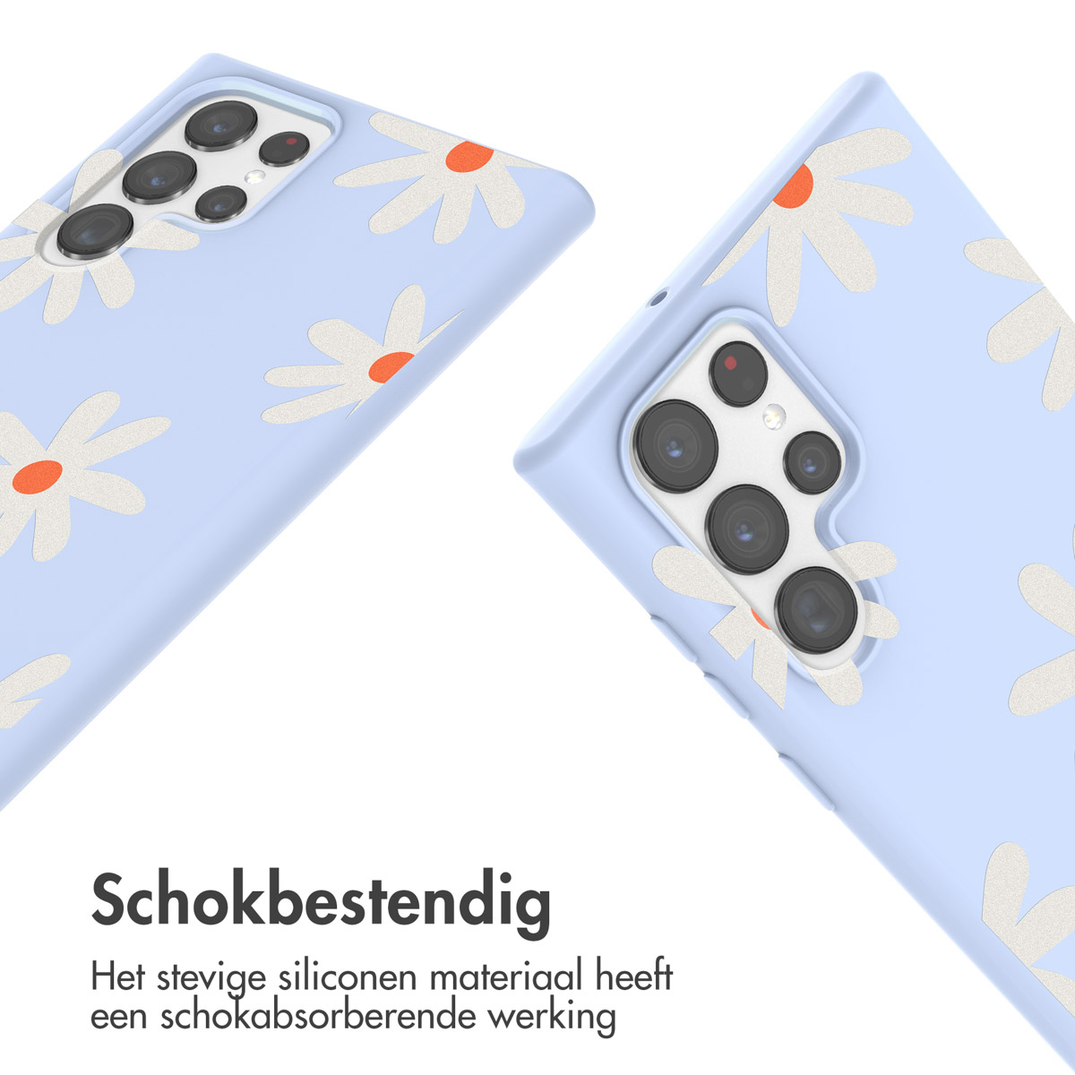 Twee telefoonhoesjes met madeliefjesontwerp. Blauwe hoesjes met witte madeliefjes.