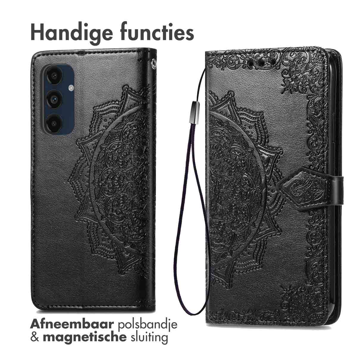IMOSHION Mandala Bookcase - Geschikt voor Samsung Galaxy S24 FE - Telefoonhoesje voor Samsung Samsung Galaxy S24 FE Zwart