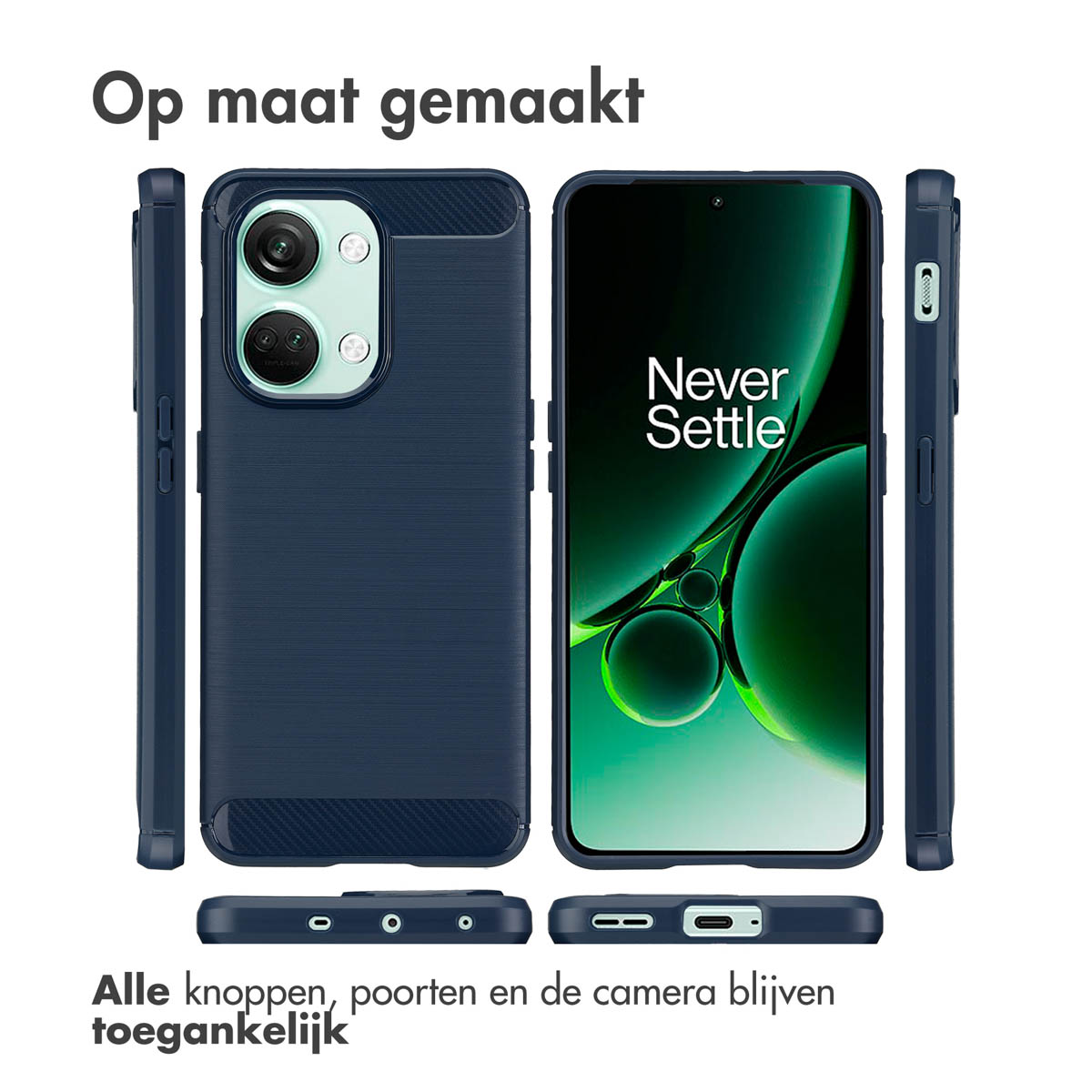 Een blauwe telefoonhoes met een telefoon erin, en de tekst 'Never Settle'.