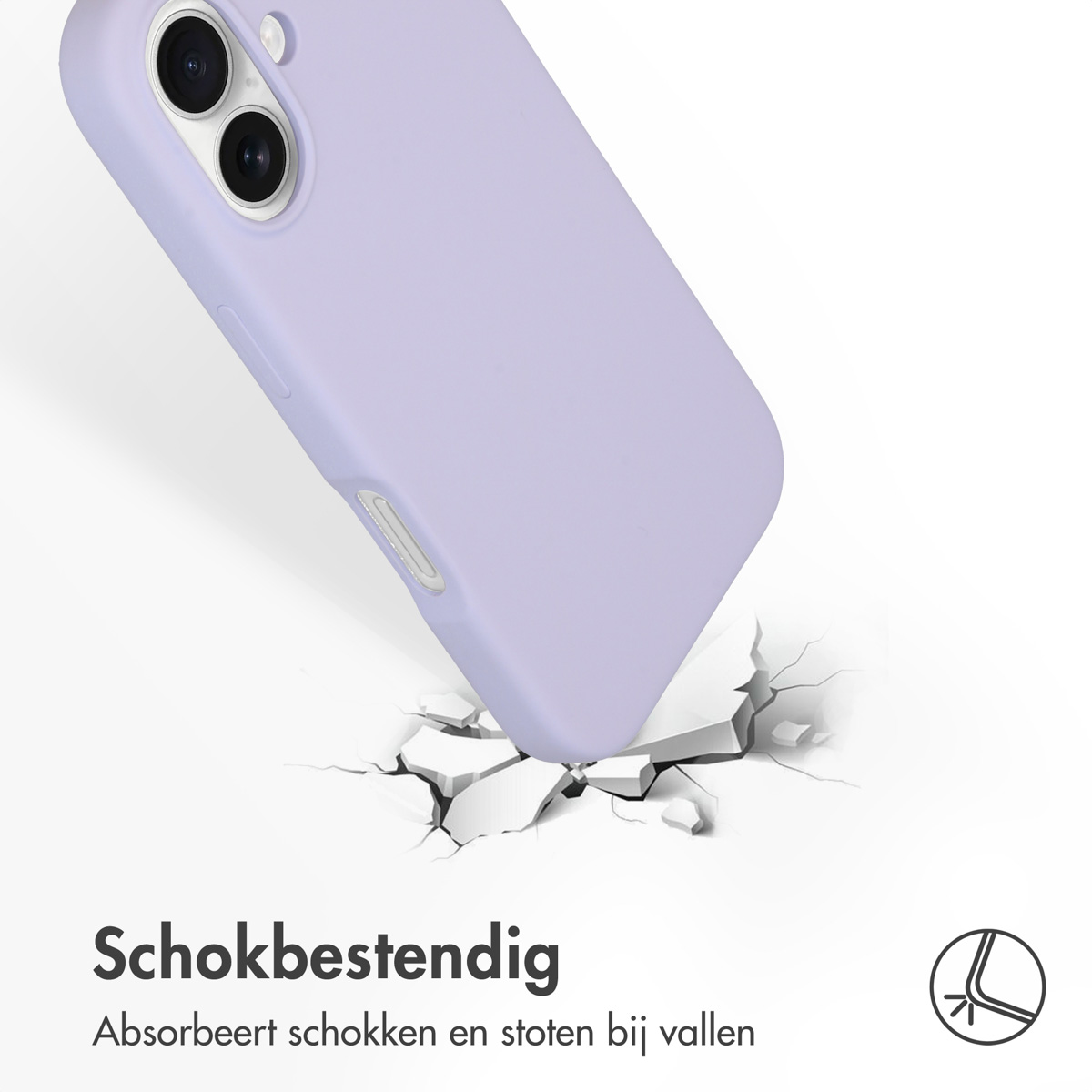 Une coque de téléphone violette tombe sur une surface, la fissurant. Texte: résistant aux chocs.