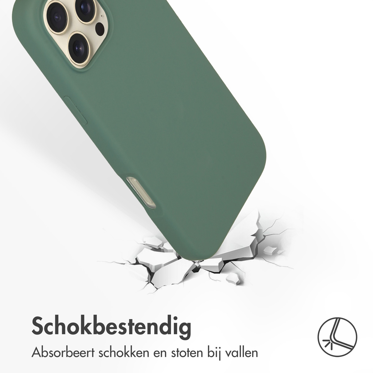 Een groene telefoonhoes valt en barst de grond eronder.