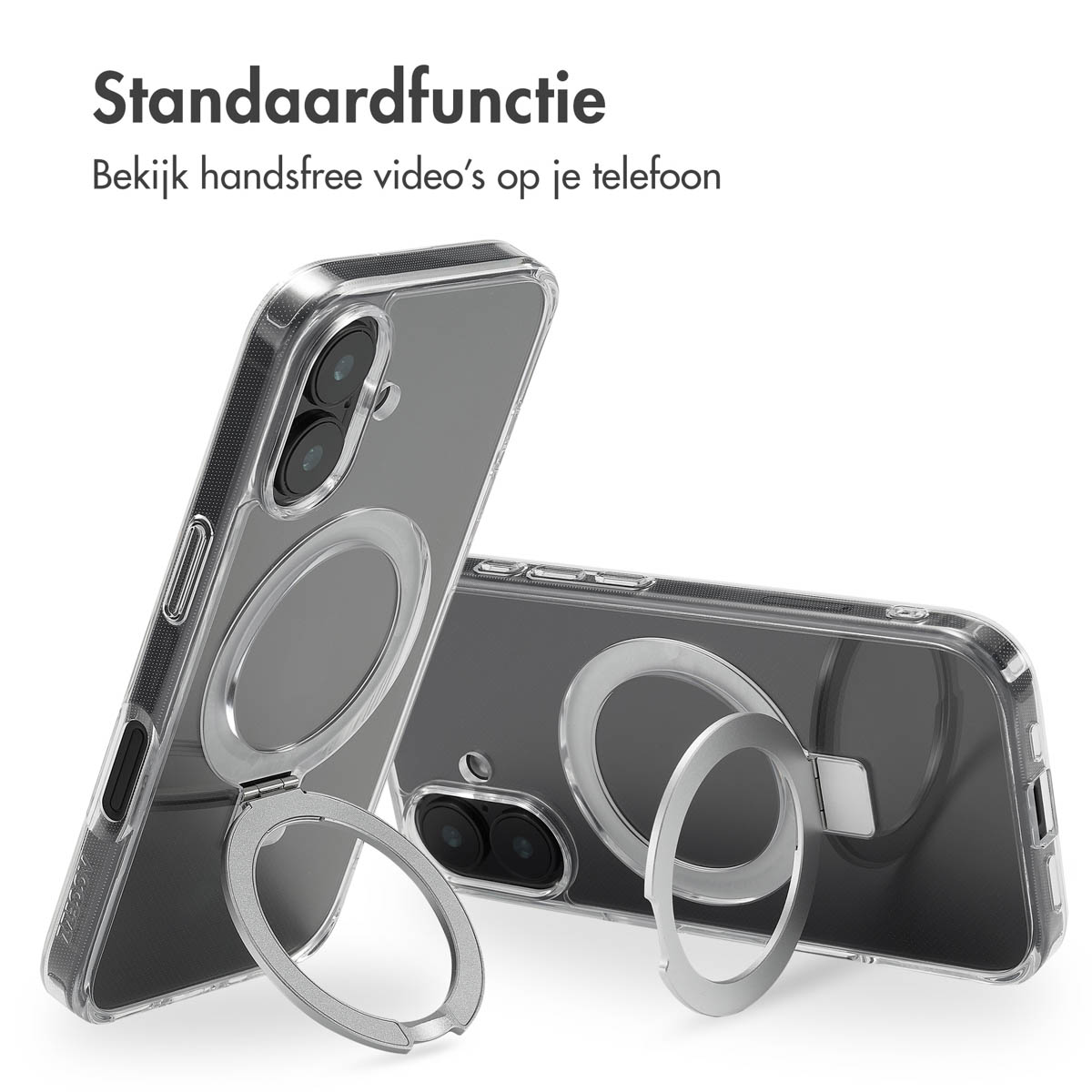 Deux coques de téléphone transparentes avec un support de bague. Une coque est ouverte, l'autre fermée. Fond blanc.