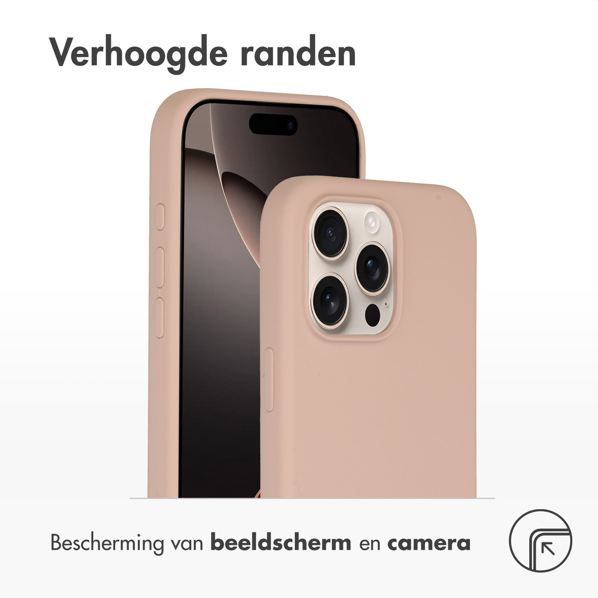 Twee telefoons in roze hoesjes, een met een camerabobbel en een met een scherm. Verhoogde randen worden getoond.