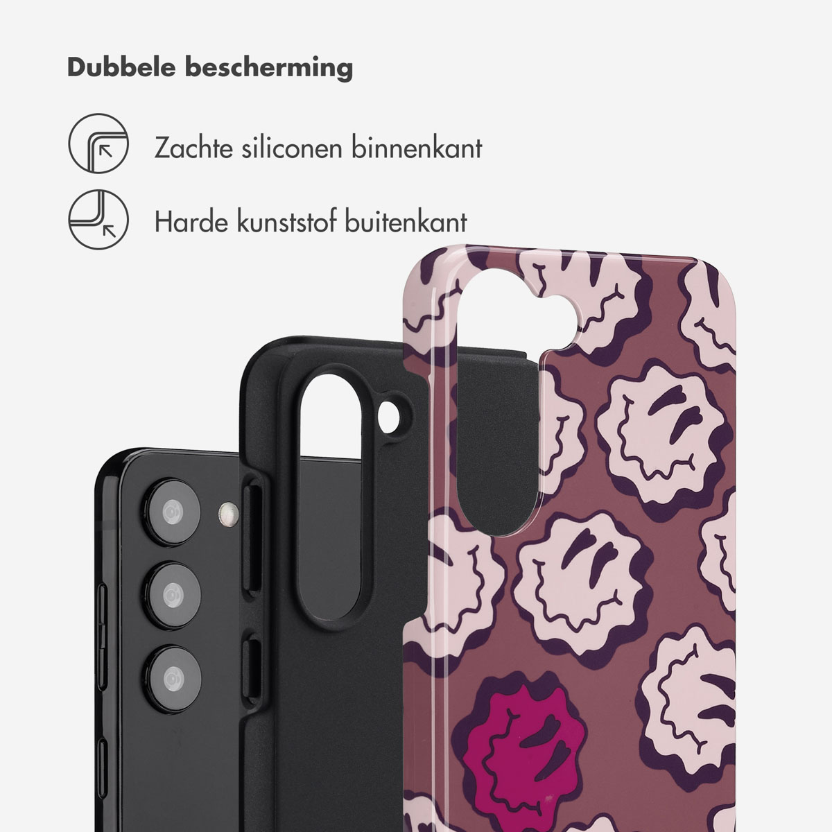 Une coque de téléphone avec un téléphone dans une vue en couches. Le texte dit Double protection.