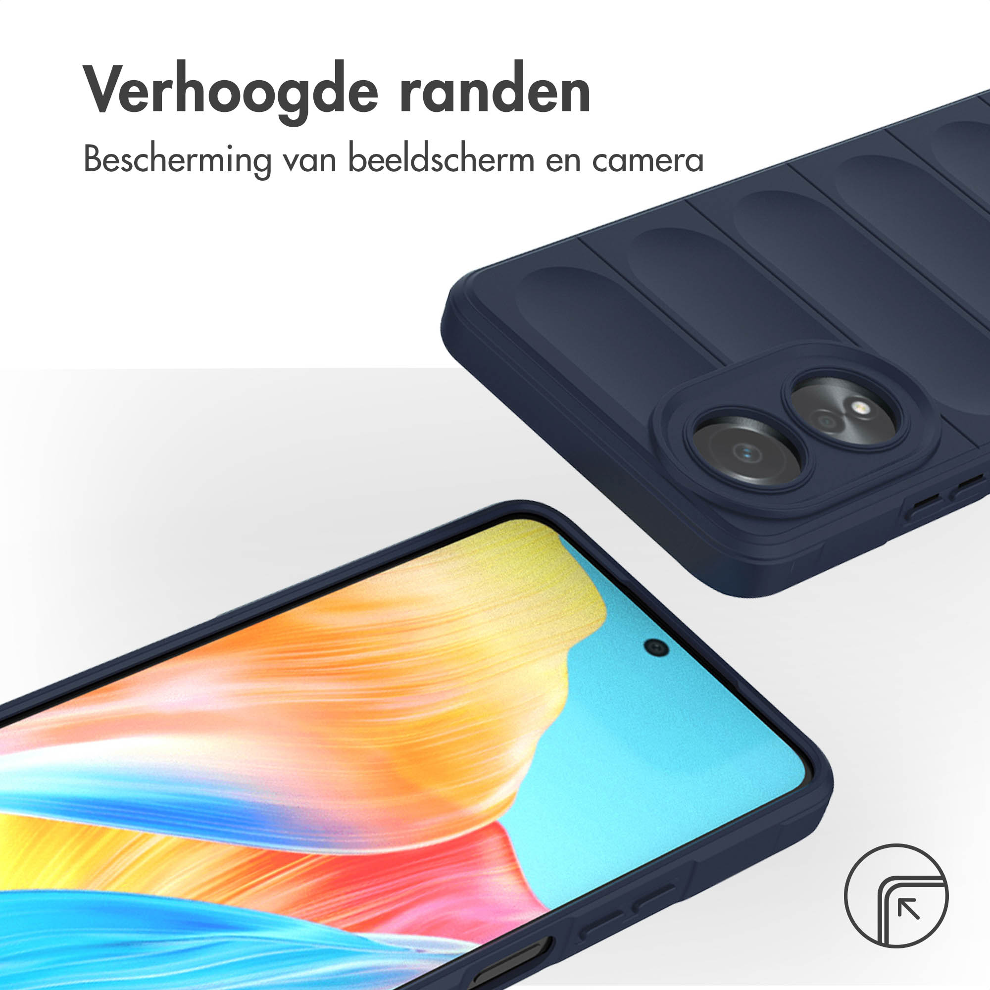 Blauwe telefoonhoes met een telefoon erin. De hoes heeft een ontwerp met verhoogde randen.