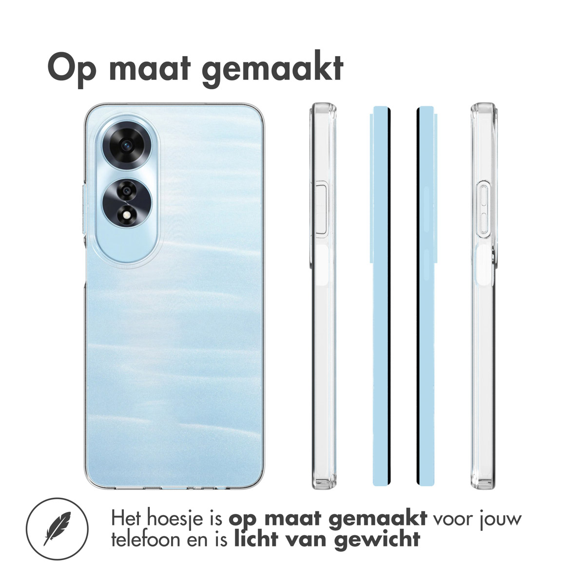 Telefoonhoesje met een bedrukt ontwerp en verschillende varianten. Het hoesje is lichtblauw.