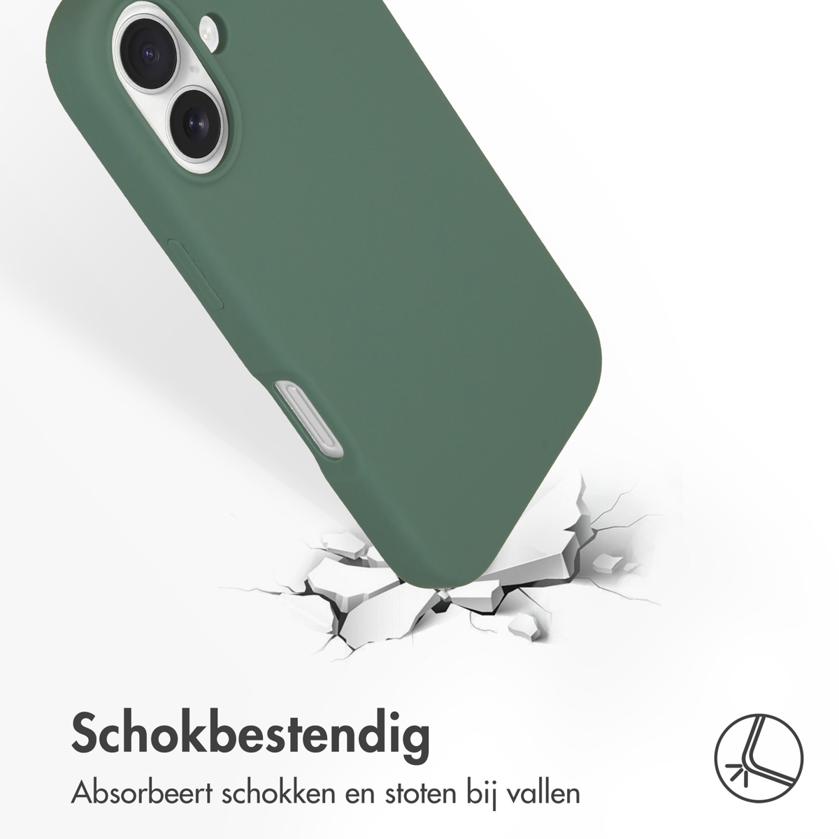 Coque de téléphone verte tombant; elle brise le sol. Fond blanc.