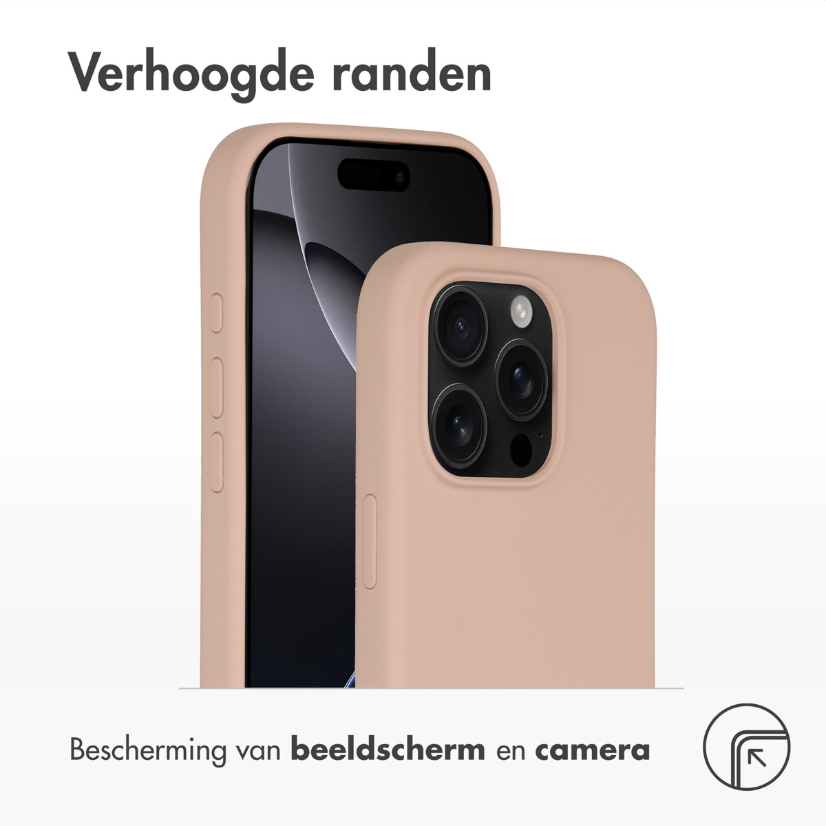Deux téléphones avec des étuis roses. Texte : 'Verhoogde randen' et 'Bescherming van beeldscherm en camera'.