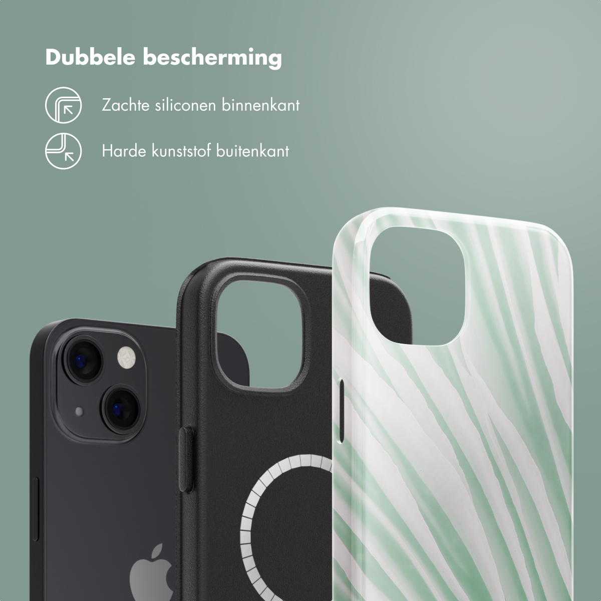 Trois coques de téléphone : une noire, une avec un motif blanc et un téléphone.