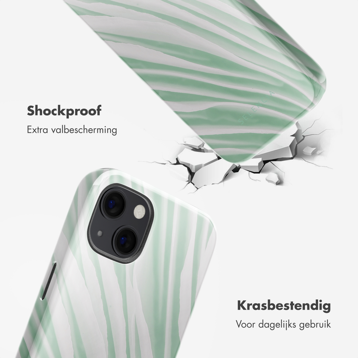 Coque de téléphone avec un motif de vagues vertes et blanches, avec une surface fissurée en dessous. Texte : 'Antichoc' et 'Résistant aux rayures'.