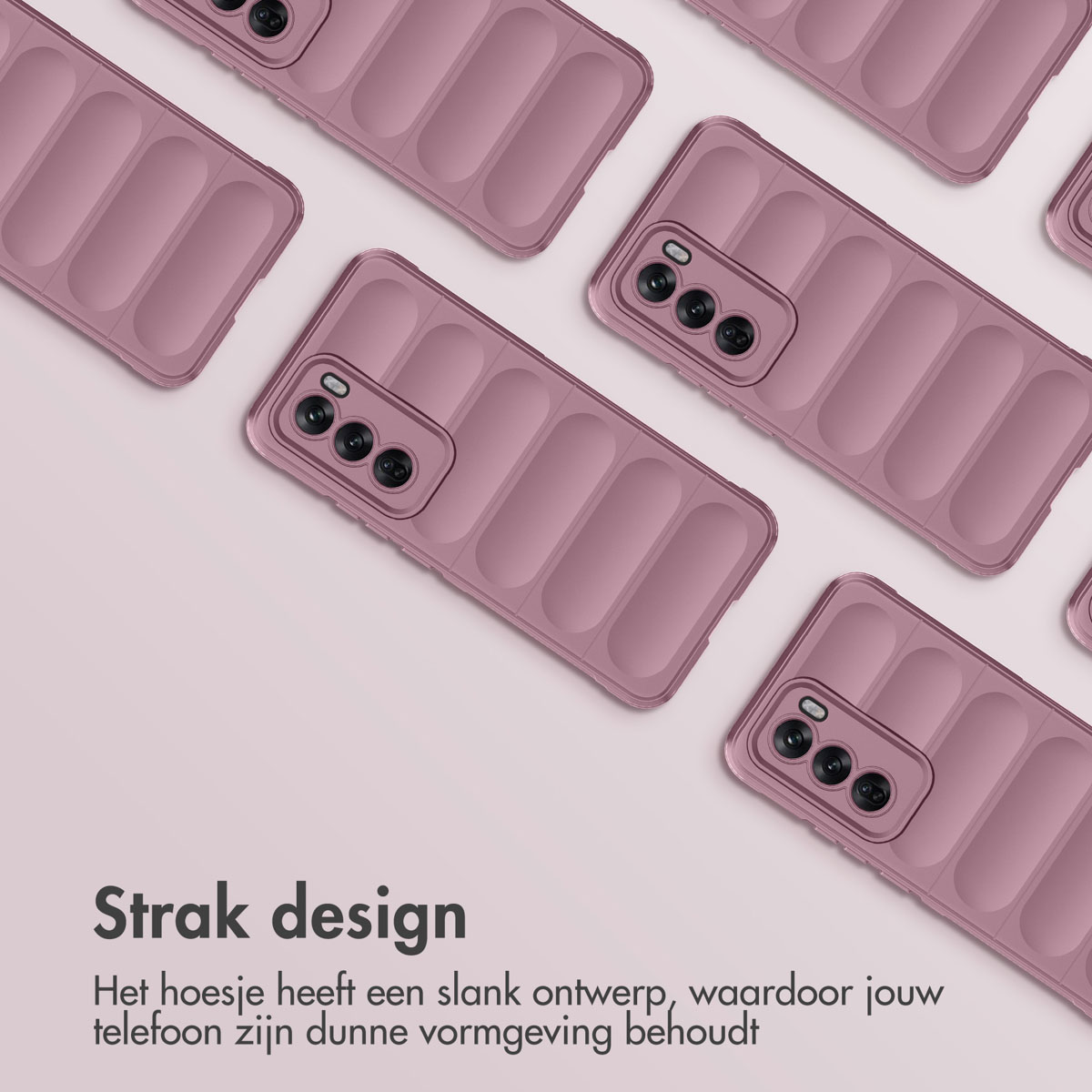 Diverse custodie rosa per telefono in un motivo. Testo: Design Strak. La custodia ha un design sottile, mantenendo una forma sottile.