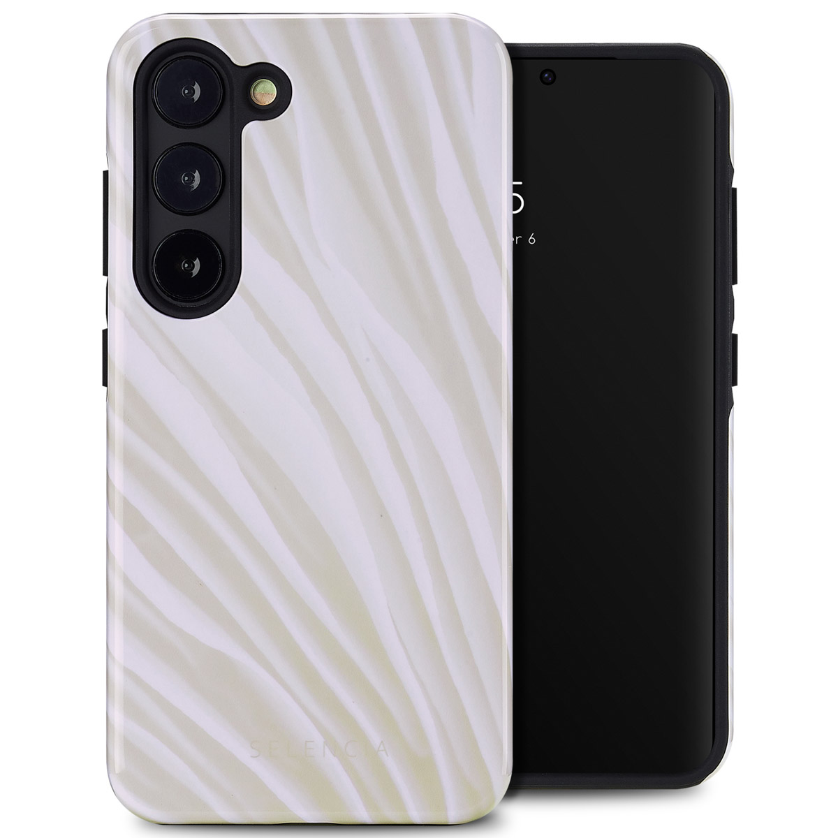 Custodia per telefono con un motivo a onde bianche su sfondo crema, con il telefono a destra. Il testo è 'Vestibilità perfetta'.