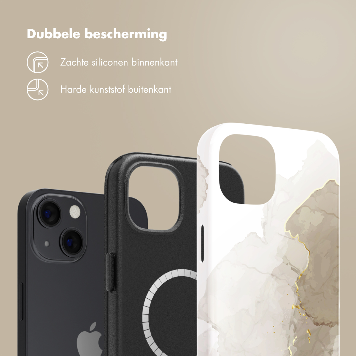 Trois étuis de téléphone, montrant un téléphone et un étui, avec des matériaux souples et durs.