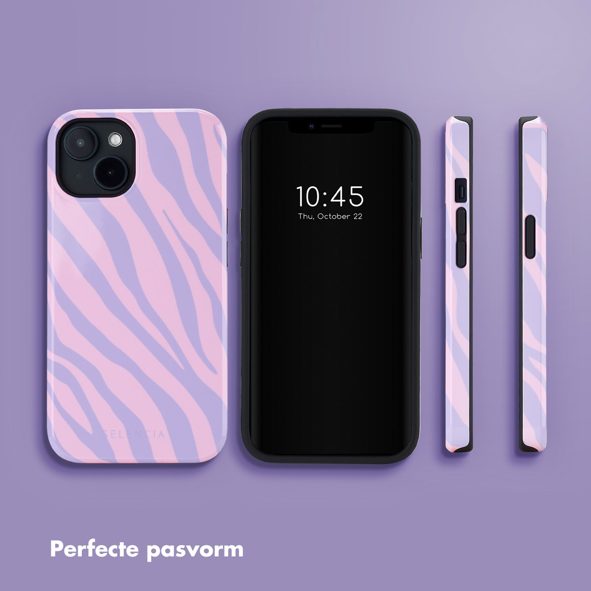 Drie telefoonhoesjes met zebraprintpatronen en een telefoon die de tijd 10:45 op het scherm weergeeft.