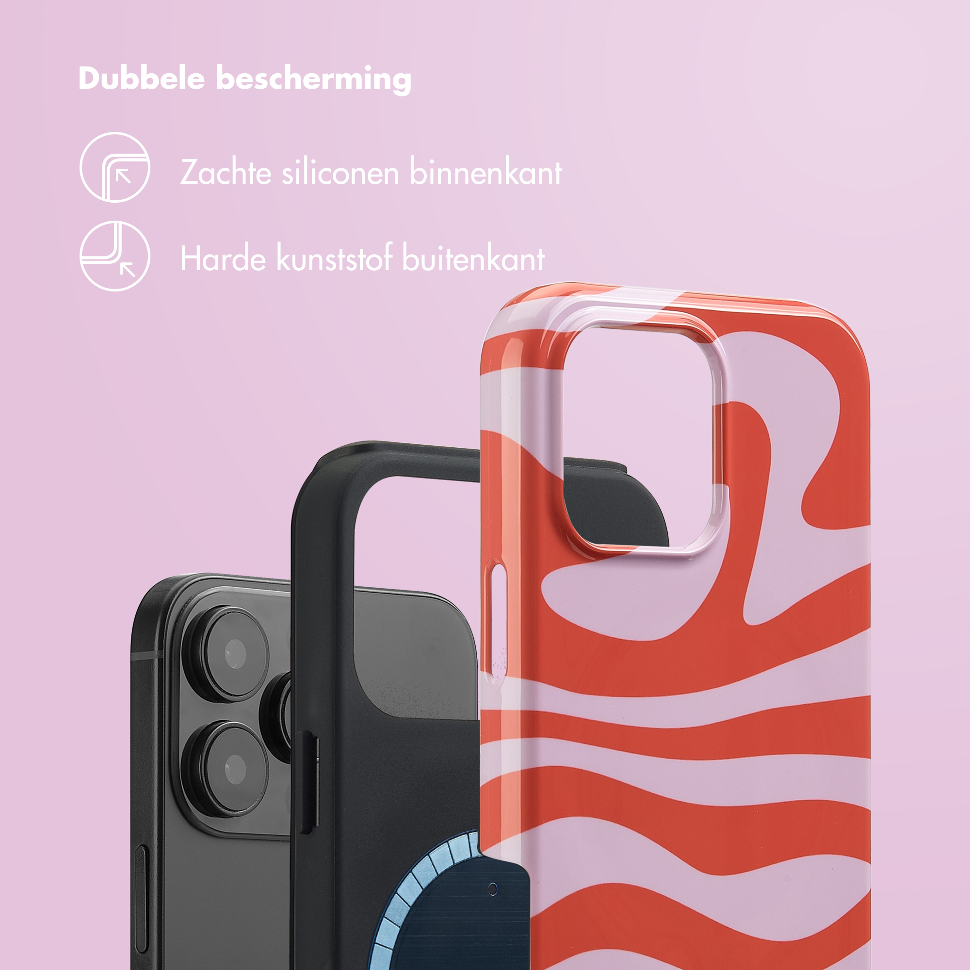 Coque de téléphone à motifs ondulés rouges et roses. Description de la double protection.