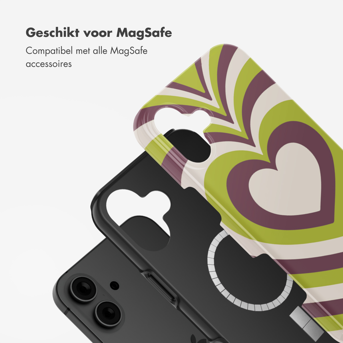 Custodia per telefono con design a cuore, telefono nero. Il testo dice 'Doppia protezione' e 'Silicone morbido all'interno'.