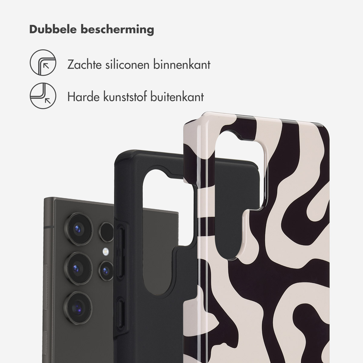 Custodia per telefono con design astratto nero e beige. Due strati mostrano interno ed esterno.
