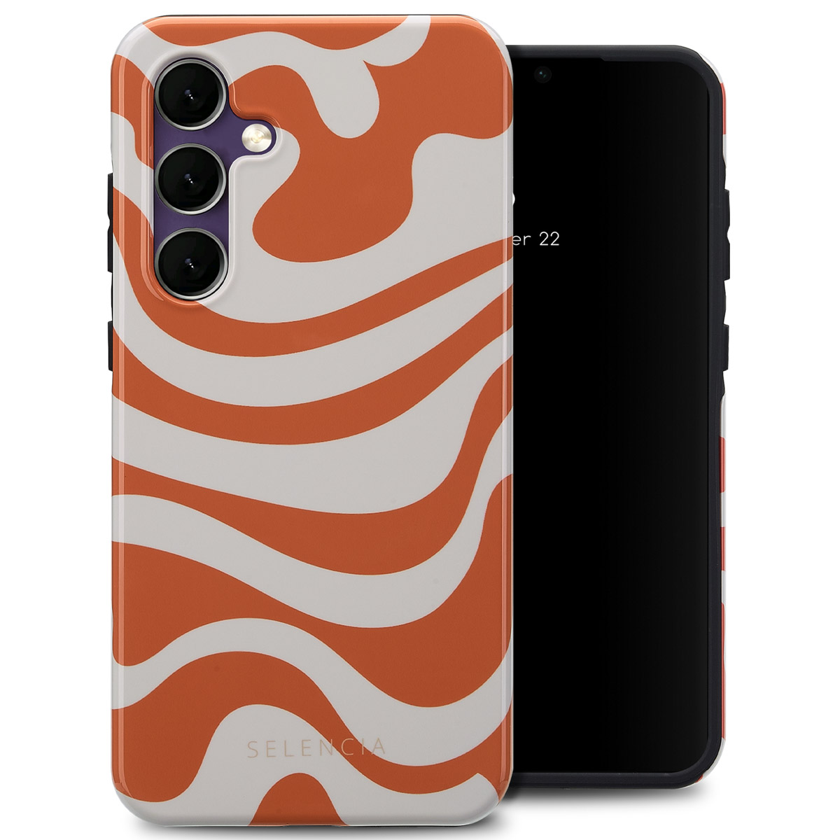 Téléphone avec coque ondulée orange et blanche, écran noir et triple caméra. Fond blanc.