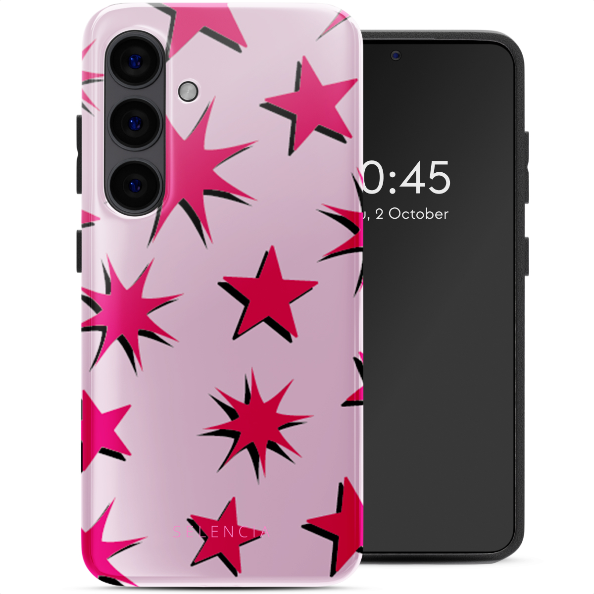 Telefono con custodia a stelle rosa. La custodia ha stelle rosa su sfondo rosa chiaro.