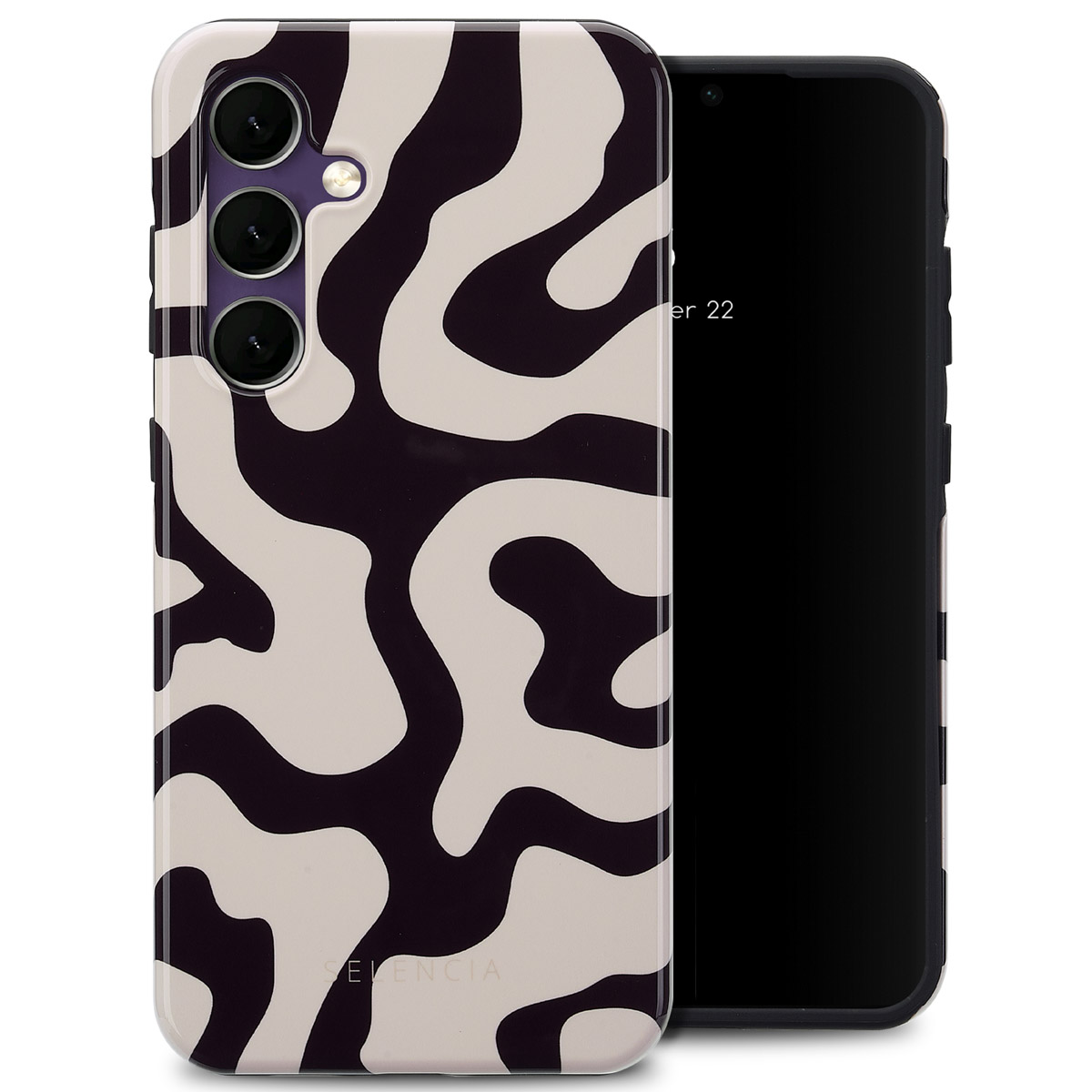 Een telefoon met een zwarte hoes met een wit en zwart golfpatroon. De telefoon is zwart en de hoes zit erop.