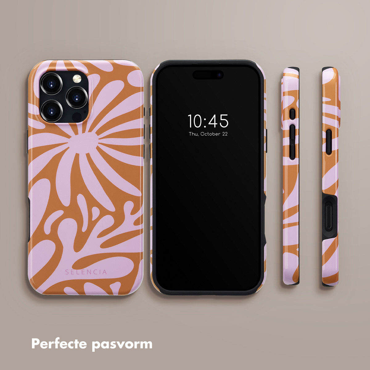 Coque de téléphone avec motif floral orange et violet, présentée sur et à côté d'un téléphone.