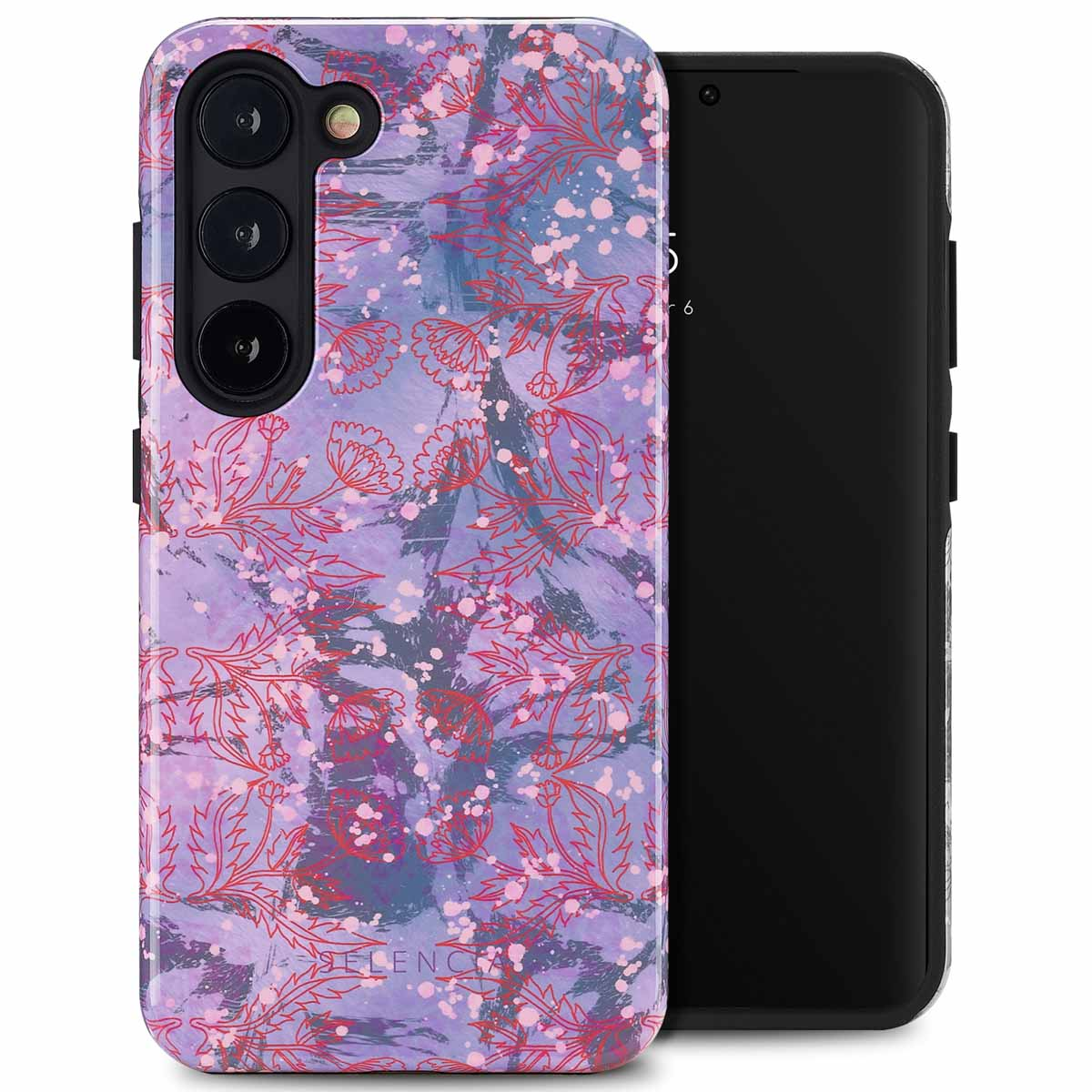 Coque de téléphone violette avec motif floral. Le téléphone est noir avec une caméra.
