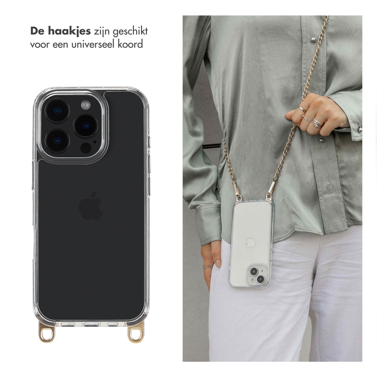 Transparante telefoonhoes met gouden bandjes, een telefoon met zwart scherm en een vrouw die de telefoon draagt.