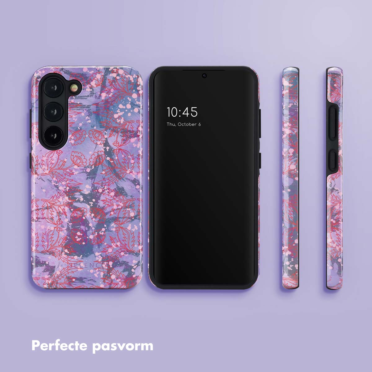Coque de téléphone avec un motif floral violet et rouge, à côté d'un téléphone noir affichant l'heure.