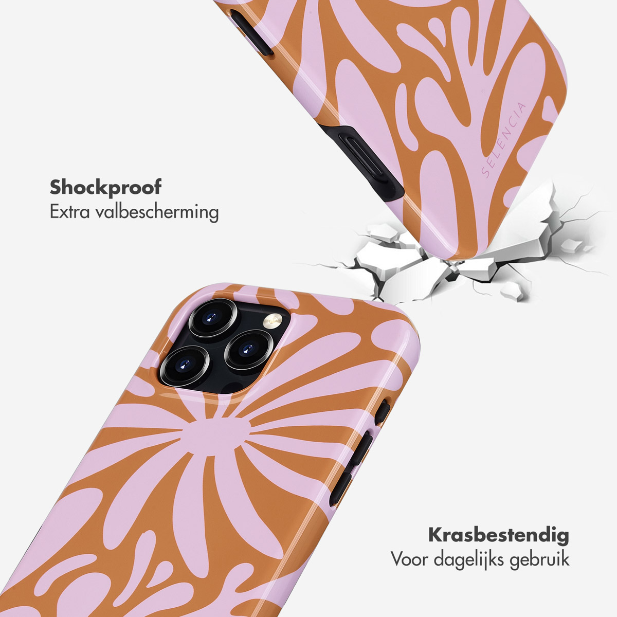 Coque de téléphone avec motif floral orange et violet, présentée comme résistante aux chocs.