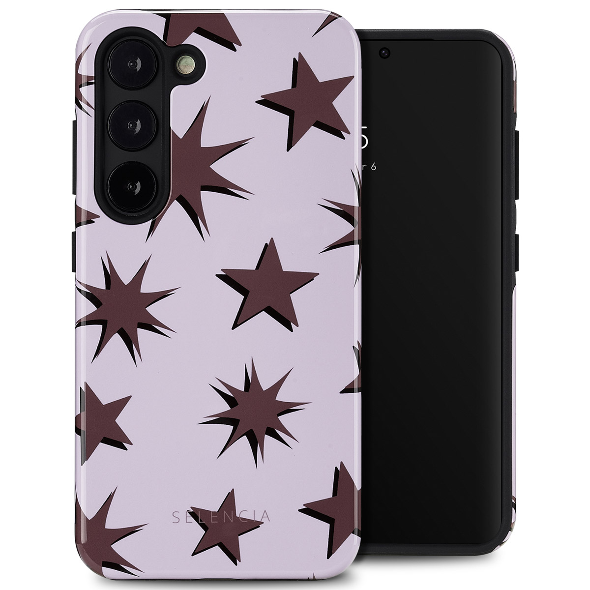 Telefono in custodia con motivo a stelle marroni su sfondo viola. Telefono nero visibile. Logo SELENCIA.