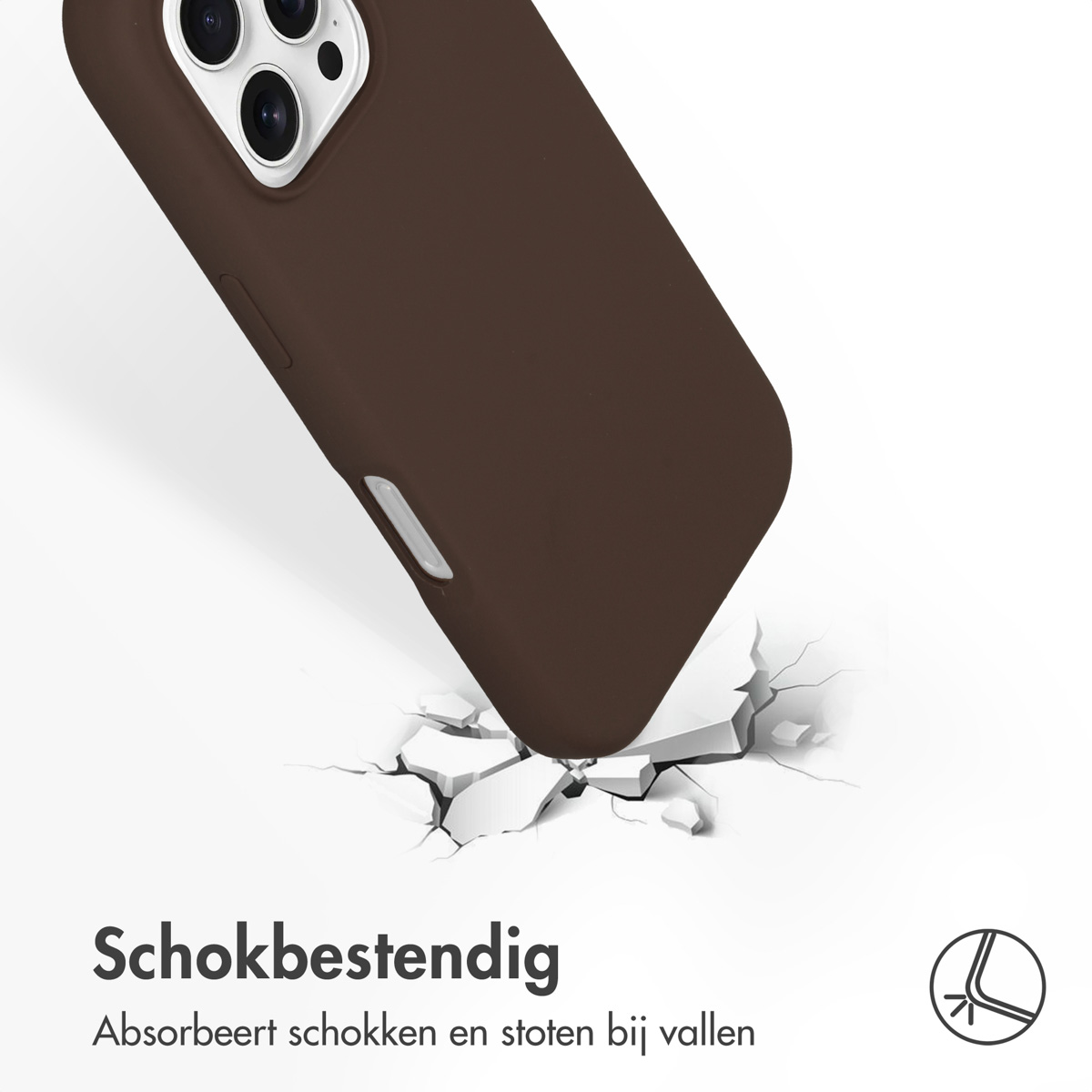 Een bruine telefoonhoes die valt, met scheuren op de grond. De tekst zegt dat hij schokbestendig is.