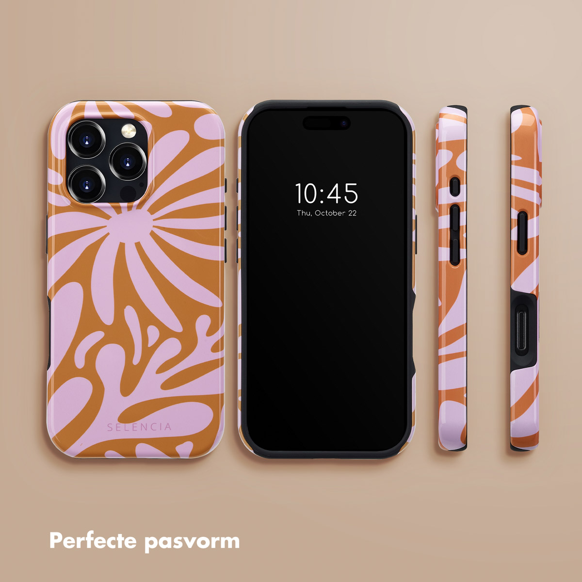 Een telefoonhoesje met een bloemmotief in oranje en roze met een telefoon die de tijd weergeeft.