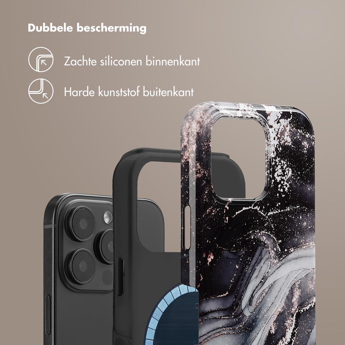 Coque de téléphone avec un motif marbre noir et blanc, montrant les couches.