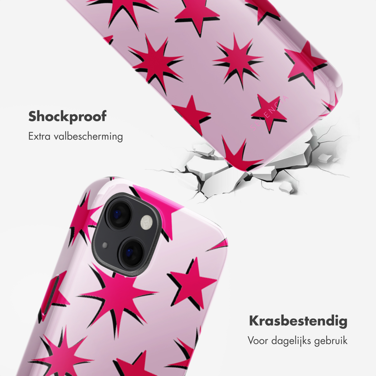 Coques de téléphone roses avec motif étoiles rouges. Une coque est fissurée, montrant le tel.