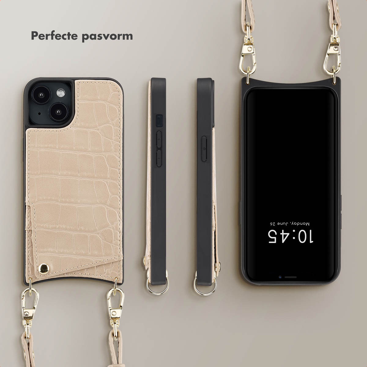 SELENCIA Nova Croco Backcover met koord en pashouder - Geschikt voor Apple iPhone 14 / 13 - Telefoonhoesje Beige