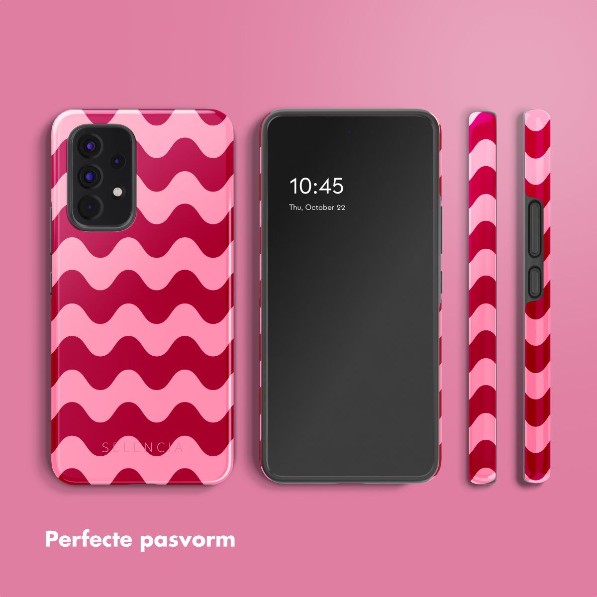 Telefono con custodia rosa a onde. Lo schermo mostra le 10:45. Vengono mostrate altre due custodie.